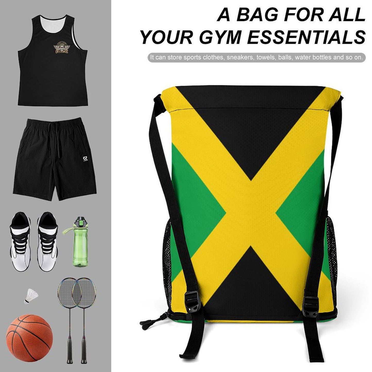 Drawstring Backpack Bag with Shoe Compartment Gym Sports Travel Dry And Wet Separation Light Jamaica Reggae