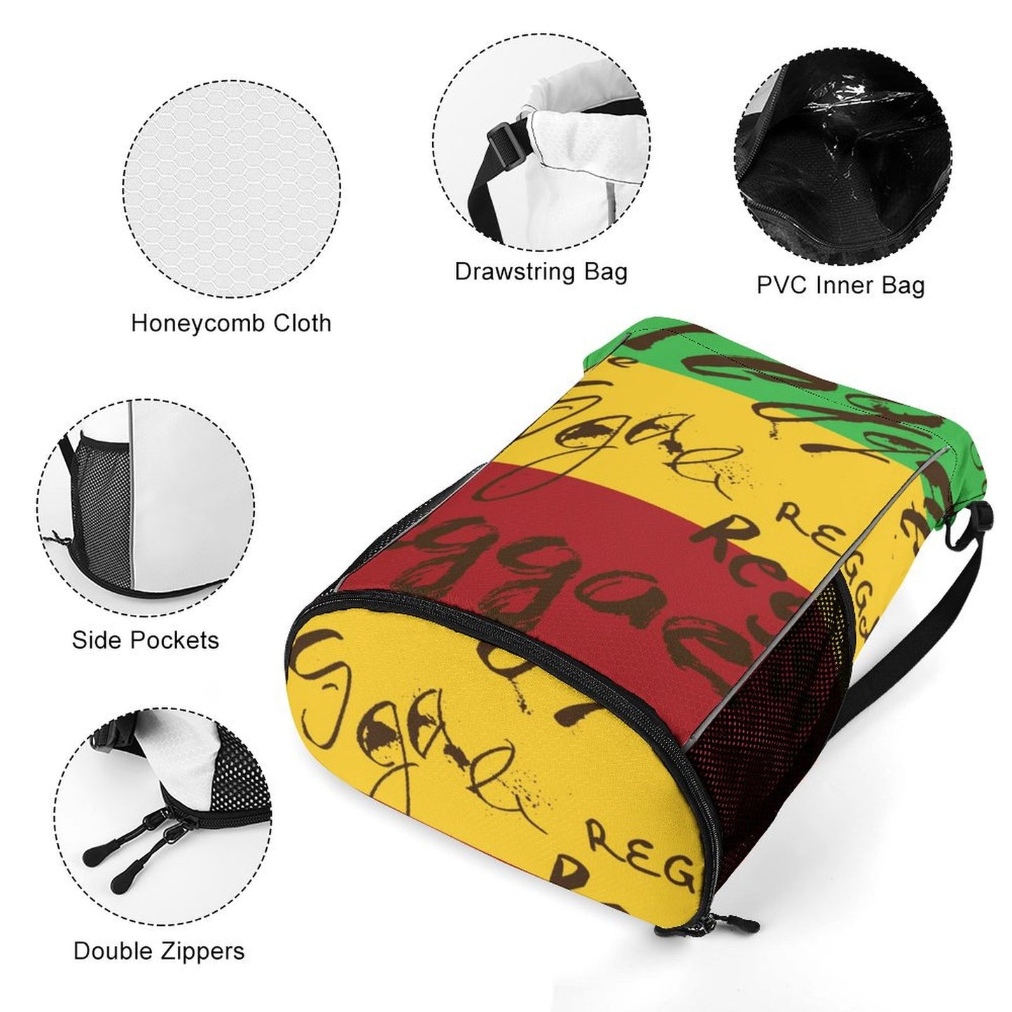 Drawstring Backpack Bag with Shoe Compartment Gym Sports Travel Dry And Wet Separation Light Jamaica Reggae