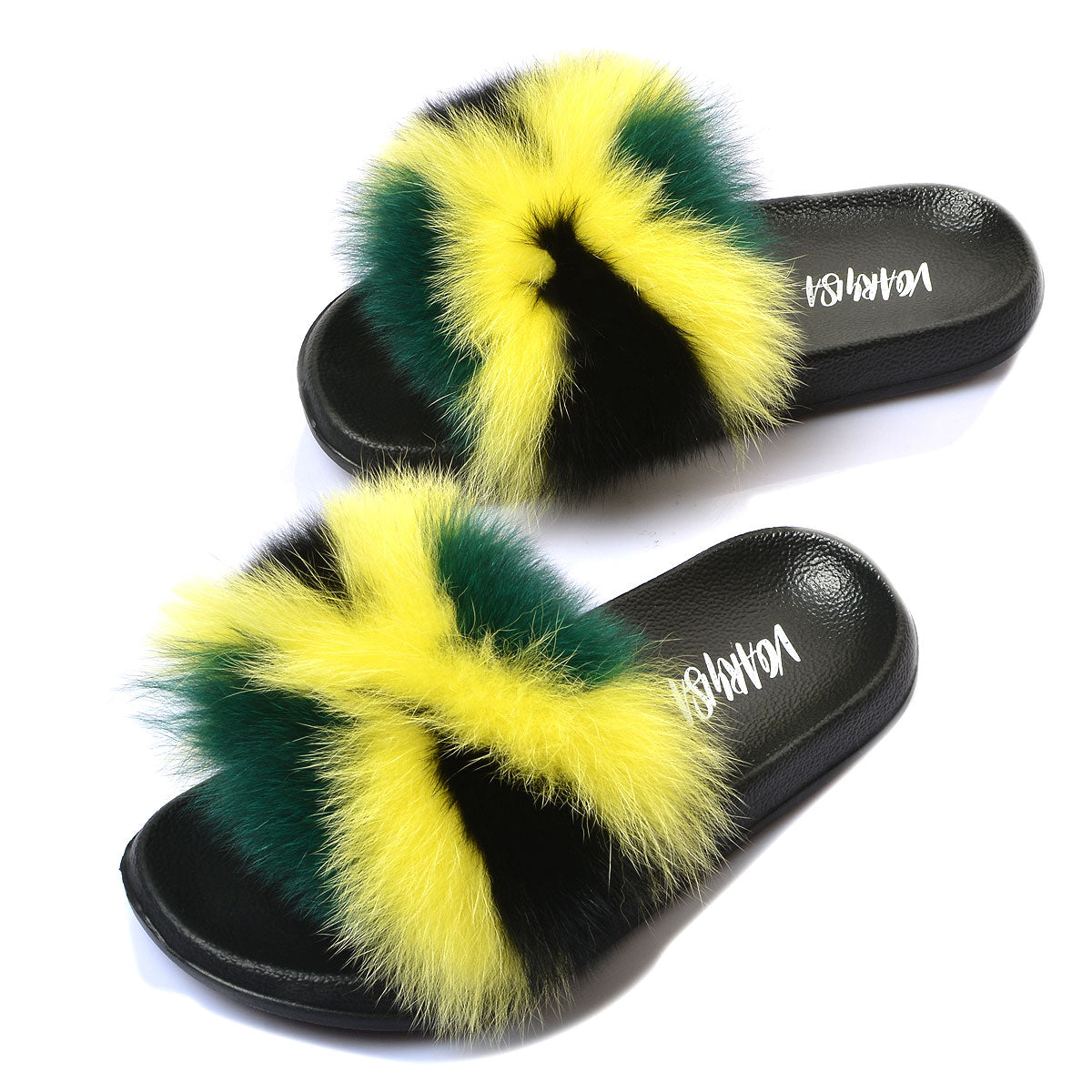 Women Fur Slippers Slides Open Toe Real Fox Fur Slippers Girls Fluffy Slip Jamaica Flag Rasta Caribbean