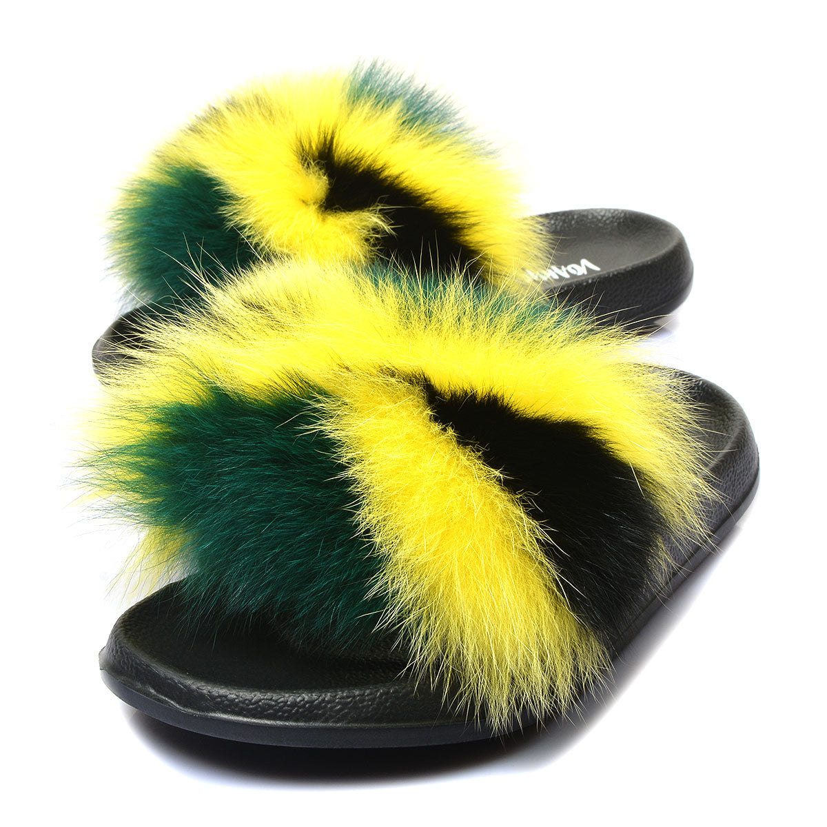 Women Fur Slippers Slides Open Toe Real Fox Fur Slippers Girls Fluffy Slip Jamaica Flag Rasta Caribbean