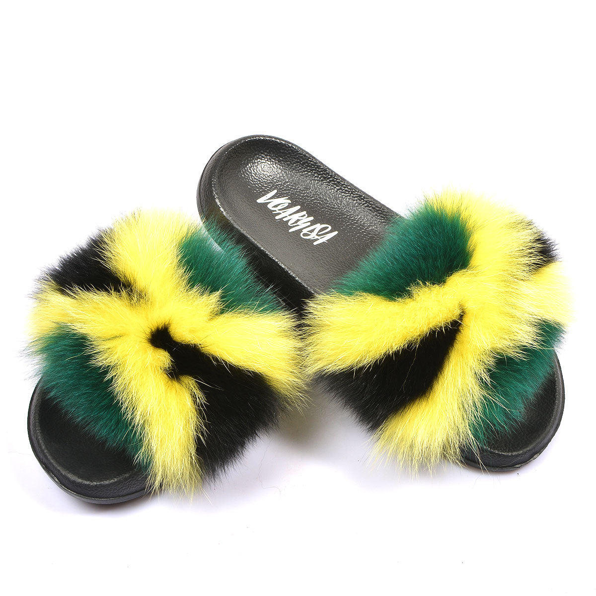 Women Fur Slippers Slides Open Toe Real Fox Fur Slippers Girls Fluffy Slip Jamaica Flag Rasta Caribbean
