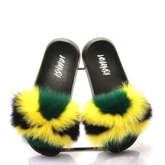 Women Fur Slippers Slides Open Toe Real Fox Fur Slippers Girls Fluffy Slip Jamaica Flag Rasta Caribbean